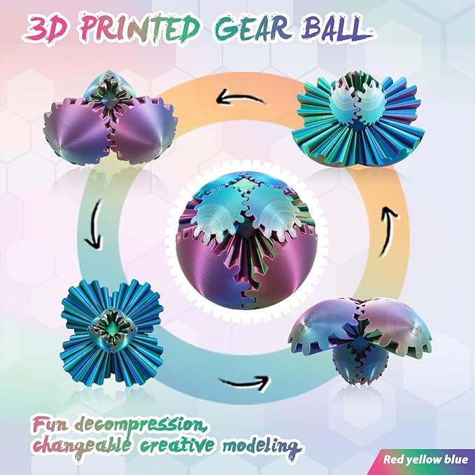 Gear Ball-3D Printed Gear Sphere,3D Printed Spin Ball Cube Fidget Toy,The Steampunk Whirling Wonder Fidget Ball Toy (6 Colors)