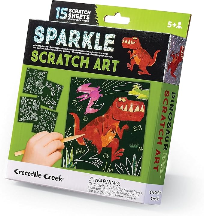 Crocodile Creek Dinosaurs Sparkle Scratch Art for Kids - 16-Sheet Scratch Art Set with 10 Themed Sheets, 5 Blank Sheets, Stencil, and Stylus - Thoughtful Stocking Stuffer, Gifts, Art Supplies for Kids
