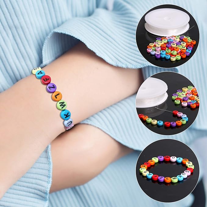 1900pcs 7 Colors Round Letter Beads Acrylic Alphabet Number Beads with 1 Roll Elastic Crystal String Cord for Jewelry Making DIY Necklace Bracelet (7x4mm)