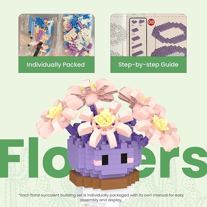 Flowers & Cactus Building Sets for Adults, 6 Pack Succulents Bonsai Décor Model Kits, Tiny Plants Party Favors For Kids 8-12, Goodie Bag Stuffers, Prize Box Toys Gifts for Kids, Botanical Lovers