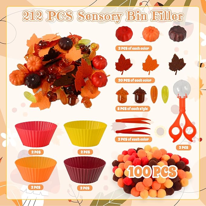 212Pcs Fall Sensory Bin Filler Fine Motor Toys Thanksgiving Sensory Bin Items Counting Sorting Toy 100 Pompoms 60 Felt Leaves 16 Acorns 16 Corns 6 Foam Pumkins for Preschool Education Activities