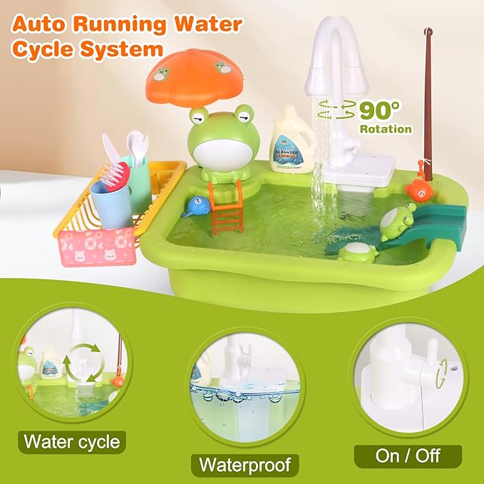 Play Sink with Running Water, Kitchen Sink Toy with Functional Faucet, Play Food and Kitchen Accessories, Floating Fishing Water Toy for Toddler, Pretend Play Dishwasher for Kids