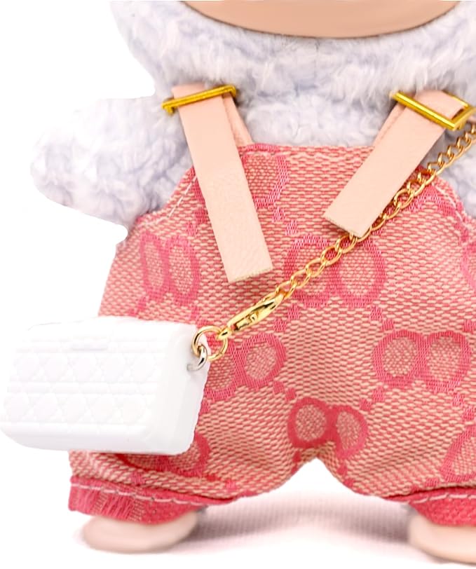 Clothes Compatible with Labubu 17cm, Premium Handmade Dolls Accessories with Chic Grid Hat & Rompers & Bag 3 Piece Set, High-End Fashion Outfit for Play & Display, No Doll - Pink