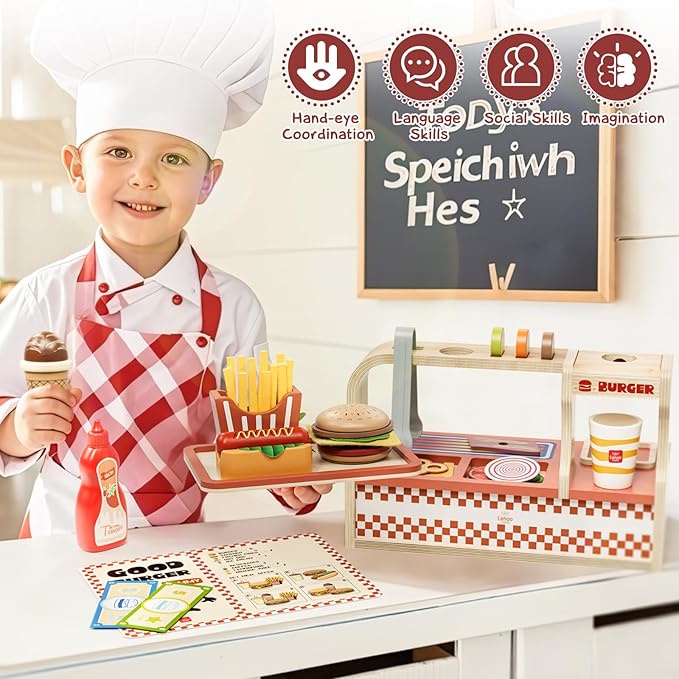 Lehoo Castle Wooden Play Food Sets, Play Hamburger Counter Shop, Toy Food for Toddlers, Play Food Sets for Kids Kitchen, Fake Food Pretend Play for Toddlers 3-5