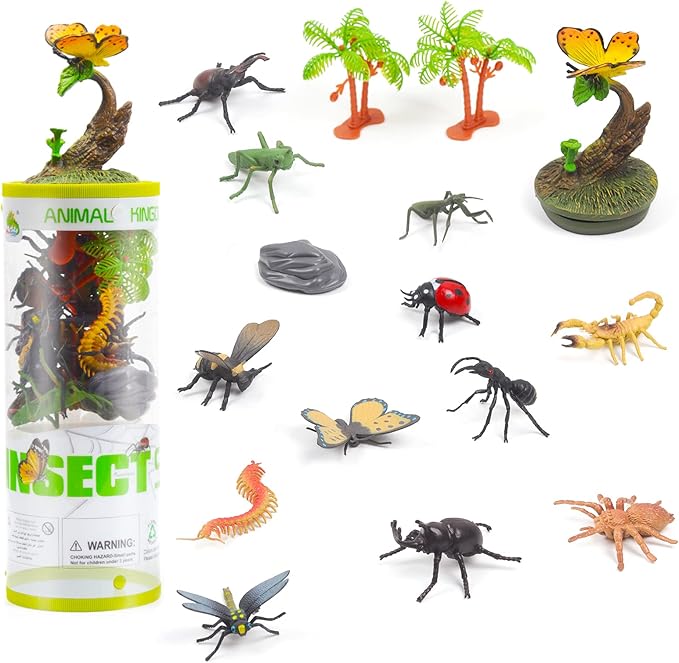 UNIQUE KIDS Mini Insect Figure Creatures in Tube 15 pcs Set | Realistic Tiny Little Animals for Sensory Bin, Birthday Party Favor, Toddler 3-5 (Insect)