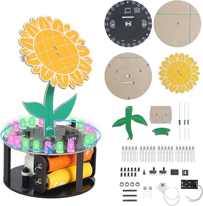 Sunflower Soldering Project, ICSTATION Light Chasing Sunflower Soldering Practice Kit with RGB LED Flashing Lights DIY Rotating Sunflower Electronic Kit for Teenagers School Students Education