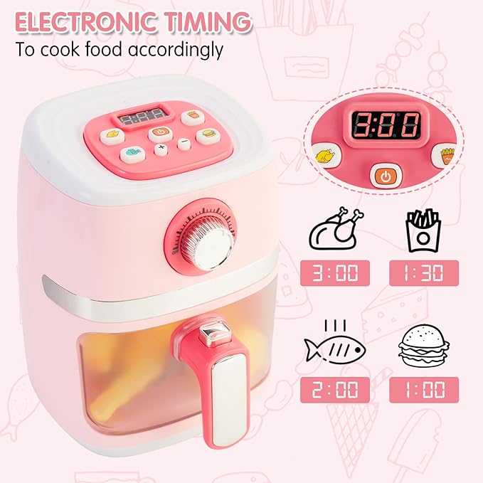 Play Kitchen Accessories, Pretend Kitchen Appliances Set with Toy Air Fryer for Kids with Sound and Lighting, Color-Changing Play Food, Birthday Gift for Boys and Girls Ages 3-5 4-8,Pink