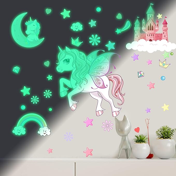 Glow in The Dark Stars Unicorn Wall Decals, Castle Moon Rainbow Stickers for Ceiling, DIY Unicorn Wall Decor for Nursery Girls Playroom, Kids Christmas Birthday Party Decoration
