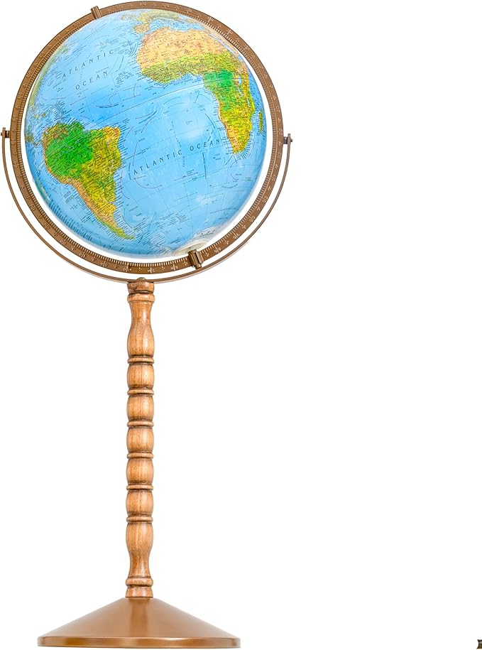 Treasury 12" Diameter Blue Illuminated Globe, USA Cartography, Convertible to Desktop with Raised Mountain Relief and Sturdy Metal Base and Hand Turned Hard Wood Stand.This economical 12” floor model stands 32” high on a durable metal base and attracti...