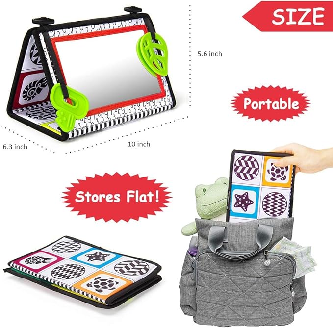 teytoy Tummy Time Baby Mirror Toys with Teethers, Double Black and White High Contrast Baby Toys 0-6 Months, Foldable Floor Sensory Development Toys for Infants Newborn