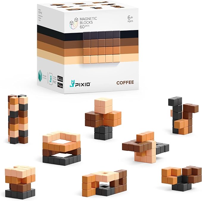 PIXIO Coffee - Tiny Magnetic Blocks Building Toy in The Pixel Art Style with Free App - 5/16" Plastic Cubes with 6 Magnets Inside - Open Ended Toy - Creativity Kit for Ages 6+ - 60pcs
