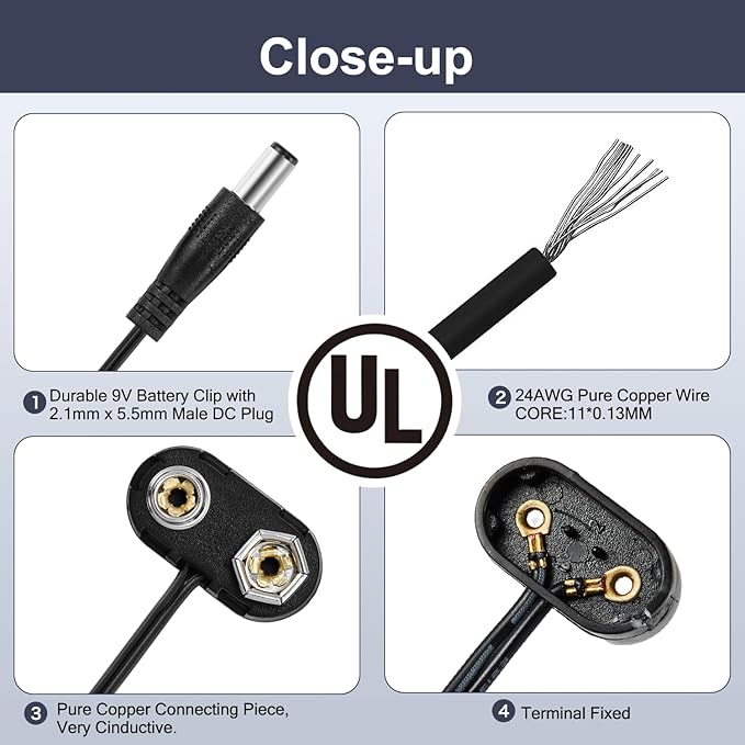 CHANZON UL Wires 9v Battery Adapter Converter 9 Volt Power Guitar Cable Clip with 2.1mm x 5.5mm Male 5Pcs T-Type Plastics Termianl