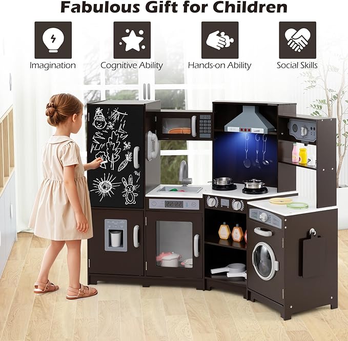 Costzon Corner Play Kitchen w/Lights, Sounds, Large Pretend Play Kitchen Set w/Blackboard, Microwave, Cooking Accessories, Wooden Montessori Sensory Toy for Kids 3+ Years Old (Espresso)