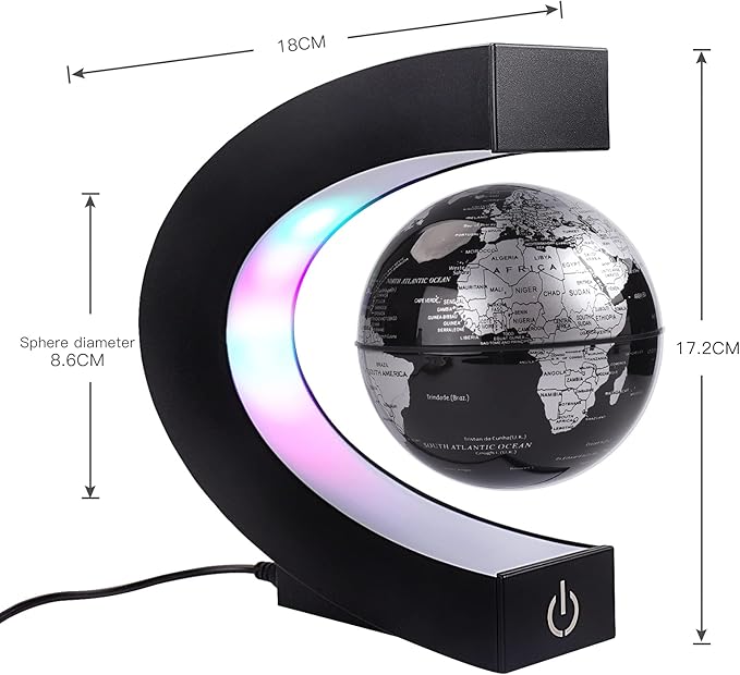 Floating Globe with Colored LED Lights C Shape Anti Gravity Magnetic Levitation Rotating World Map with Touch Switch for Gift Home Office Desk Decoration With Switch(Black)