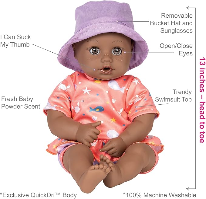 ADORA Beach Baby African American Doll with Sun-Activated Freckles, Clothes & Accessories Set, Adorable Baby Doll Made in Exclusive QuickDri Vinyl Birthday Gift for Ages 1+ - Baby Piper