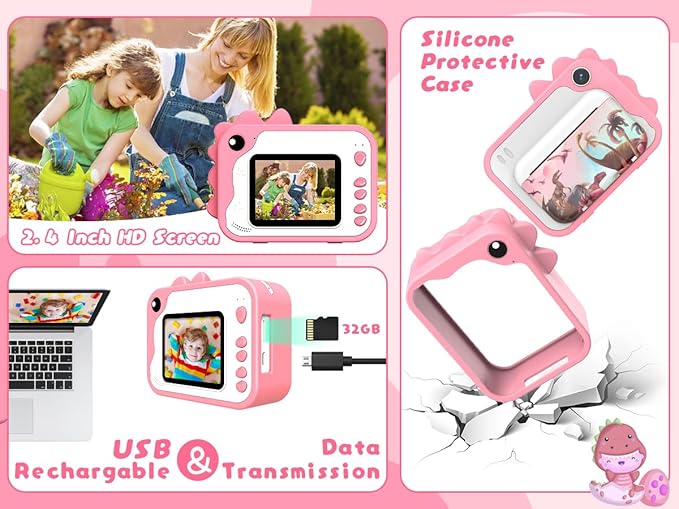 Kids Camera Instant Print, Dinosaur Instant Print Camera for Kids with 1080P Video, 32GB SD Card, 240 Photos, Christmas Birthday Gifts for Boys Girls Ages 3-12 (Pink)