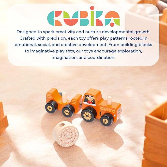 CUBIKA Wooden Toy Tractor – Montessori Toy for Toddlers Ages 3+ – Wooden Tractor with Magnetic Fasteners – FSC-Certified Wood, German Water-Based Paints – Travel-Friendly Fine Motor Toy