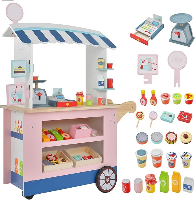 Costzon Kids Grocery Store Playset, Toddler Pretend Market Stand Shop Play Set w/ 30PCS Play Toy, Beverage Rack, Cash Register, Scale, Large Wheels, Wooden Food Cart, Gift for Boys Girls 3+ (Pink)