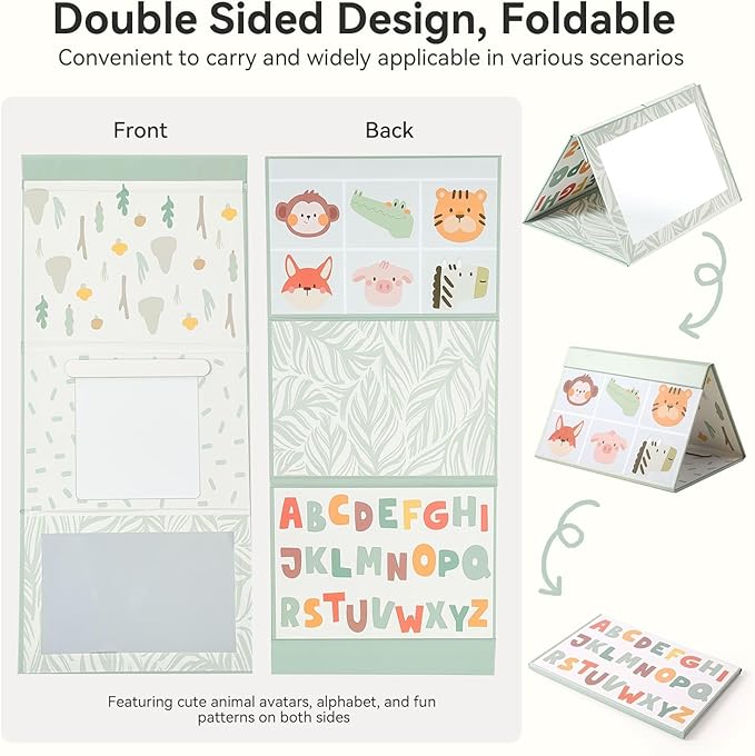 Foldable Tummy Time Play Set (Sturdy Cardboard), Large Baby Safe Mirror and Card Display Stand with 80 Pages High Contrast Cards, Alphabet and Animal Cognition