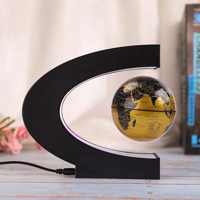 Floating Globe with Colored LED Lights C Shape Anti Gravity Magnetic Levitation Rotating World Map with Touch Switch for Gift Home Office Desk Decoration With Switch (Gold)