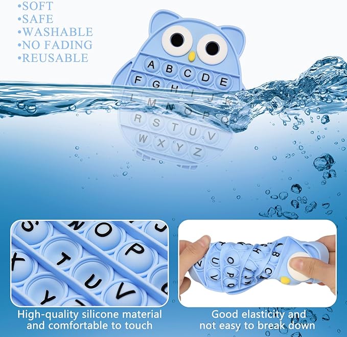 Fidget Toys for Kids, Owl Shaped Silicone Squeeze Sensory Toys, Alphabet Bubble Stress Anxiety Relief Relax Tools for Kids Adults School Classroom Gift Party Favors (Blue)
