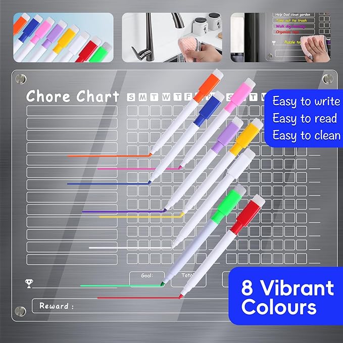 Acrylic Magnetic Chore Chart for Kids Multiple Kids，15"x11.8" Clear Dry Erase Reward Chart -Behavior and Responsibility Refrigerator Board for at Home Kids, Teens(w/ 8 Markers & Towel)