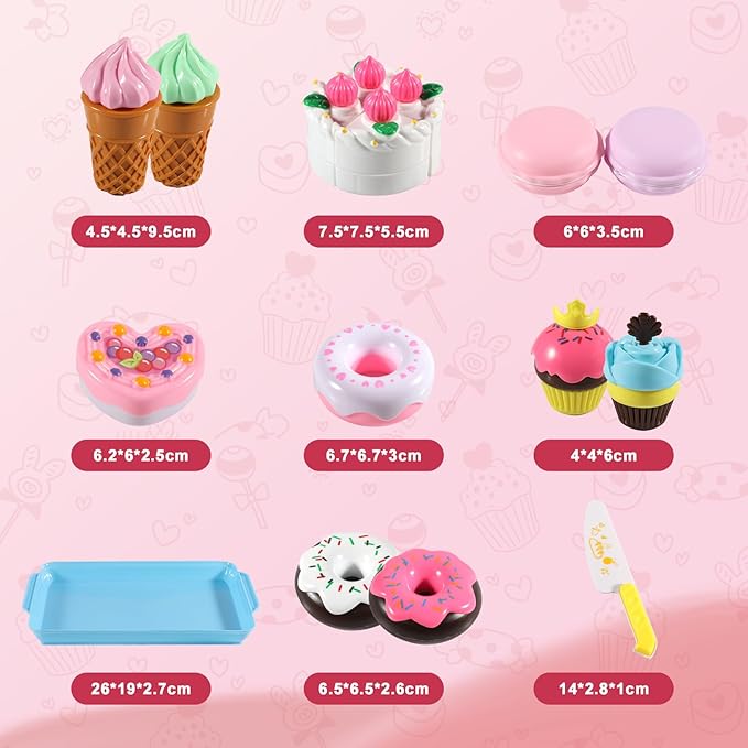 15 PCS Pretend Play Food Set - Play Food for Kids Kitchen - Pretend Cutting Play Desserts Cake Ice Cream and Donuts Food Toys - Birthday Gifts Set Toy for Boys, Girls, Kids, Toddler