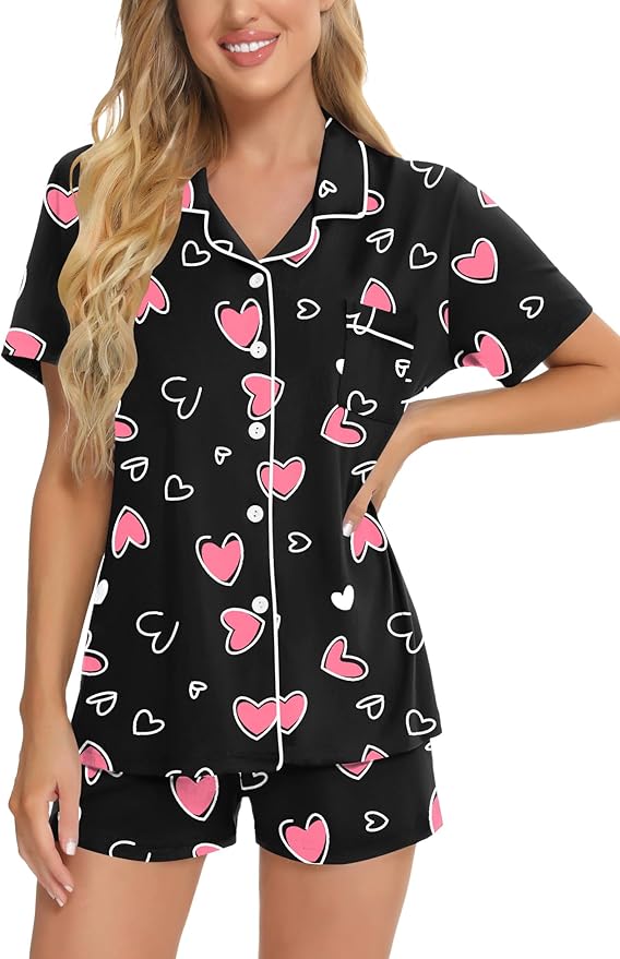 SWOMOG Womens Button Down Pajamas Set Short Sleeve Sleepwear Bride Soft Pj Lounge Sets XS-3XL