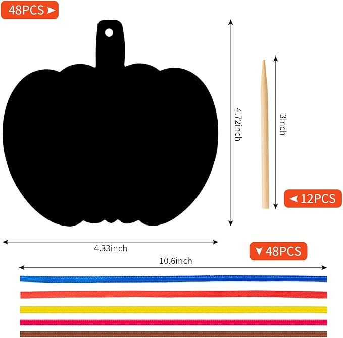 Outus 48 Pieces Halloween Scratch Art Paper Crafts Kit Rainbow Pumpkins Scratch Craft Art Halloween Decor with 12 Wooden Sticks and 48 Colorful Ribbons for Trick or Treat Party Supplies DIY Ornaments
