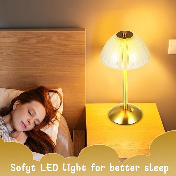 Liliful 2 Pcs LED Portable Cordless Table Lamp Touch Battery Operated Rechargeable Gold Desk Lamp 3 Color Dimmable for Bedroom Living Room Dining (Gold,Mushroom Style)