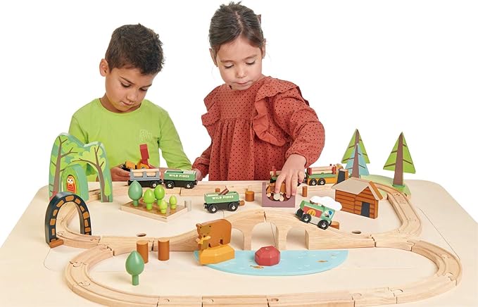 Tender Leaf Toys - Wild Pines Train Set - 95 Pieces Wooden Train & Bridge Set for Kids, Toddler Boys & Girls - Compatible with Most Toy Trains - Age 3+