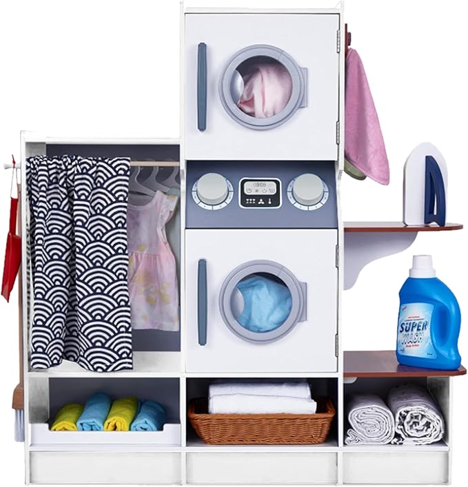 Lil’ Jumbl Kids Washer and Dryer Playset, Wooden Children's Pretend Laundry Set, Includes Broom, Dustpan, Iron, Hangers & Basket, Realistic Laundry Room for Kids - White