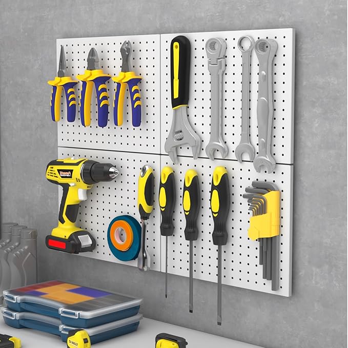 Peg Board,4 Pack Metal Peg Board Panels,White PegBoard Wall Organizer,16"x12" Small Tool Pegboard for Walls,Tools,Garage,Office,Kitchen