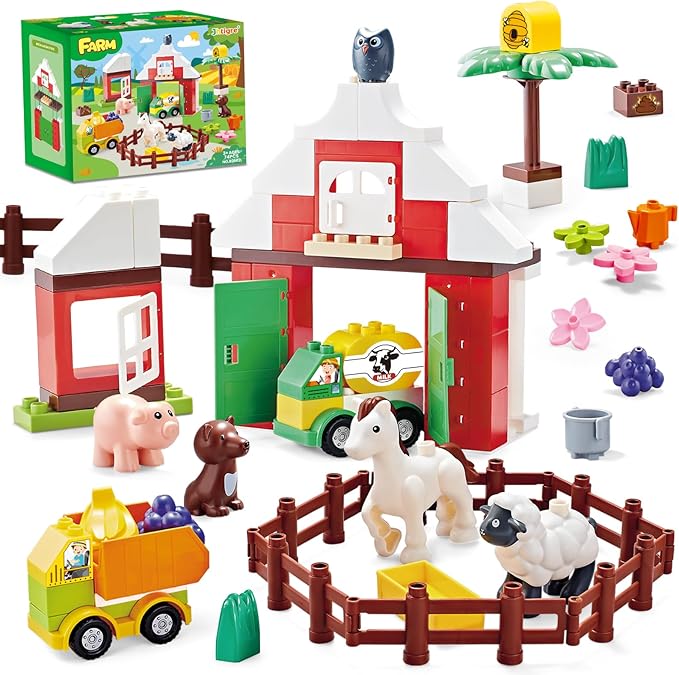 Building Blocks for Toddlers 1-3-5, Farm DIY Big Classic Building Bricks Toys Set for Kids Ages 2-4-5-8 With Barn, Animals, Truck, Compatible With All Major Brands, Gift Toy for 3-5 Boys Girls 74 Pcs