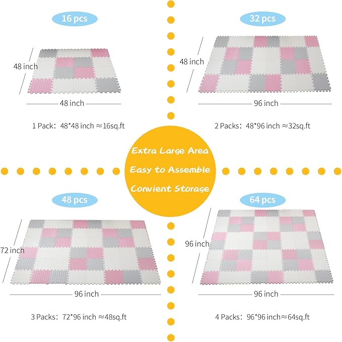 Foam Play Mat for Baby, 0.4 Inch Thick Foam Interlocking Floor Mats, Soft Non-Toxic Baby Playmat, Solid Colored Puzzle Play Mat Kids Floor Mats for Toddler, 16 Tiles(White/Light Gray/Pink)