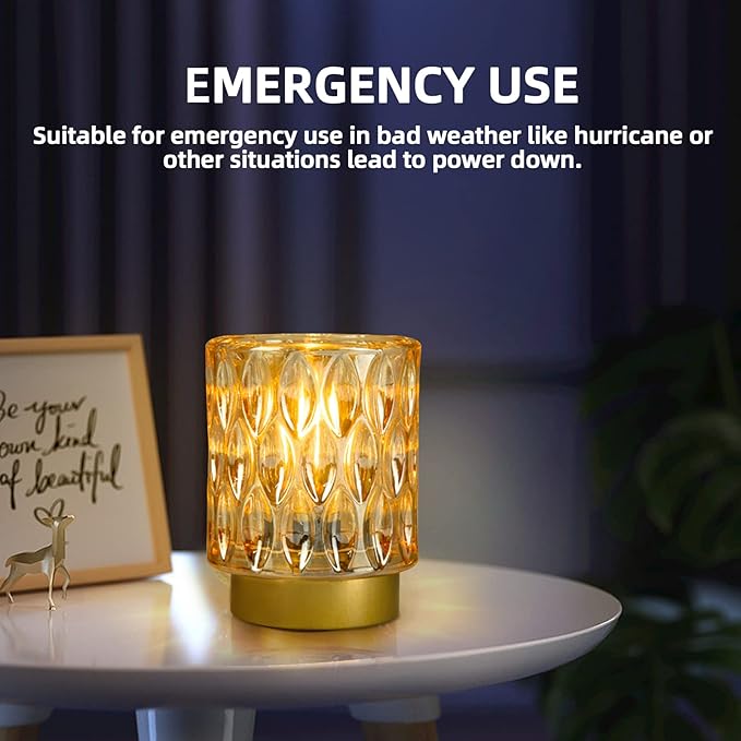 Battery Operated Table Lamps Timer, Mini Crystal Lamp for Area No Plug, Cordless Lamp with LED Bulb for Power Outage, Decorative Lamps for Tabletop/Corner/Entryway/Stairway/Bathroom/Fireplace (Amber)