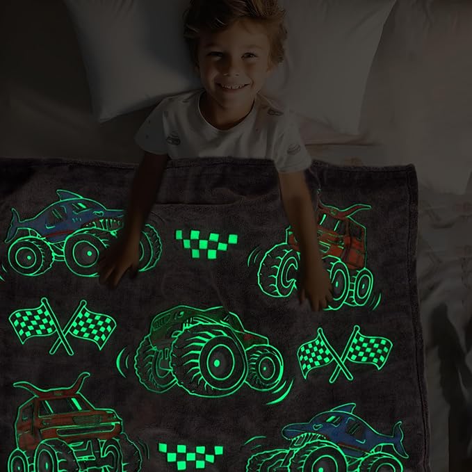 Truck Gifts for Kids Boys - Glow in The Dark Blanket for Sofa Couch Bed Birthday Christmas Easter