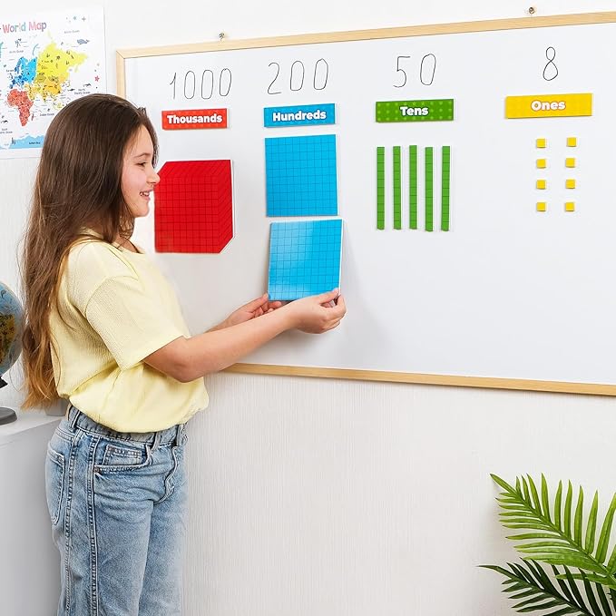 Simply magic 131+4 PCS Jumbo Colorful Magnetic Base Ten Blocks for Math + Headings - Place Value Manipulatives Magnets, Math Manipulatives, Base 10 Blocks, Counters for Kids, Classroom Must Haves