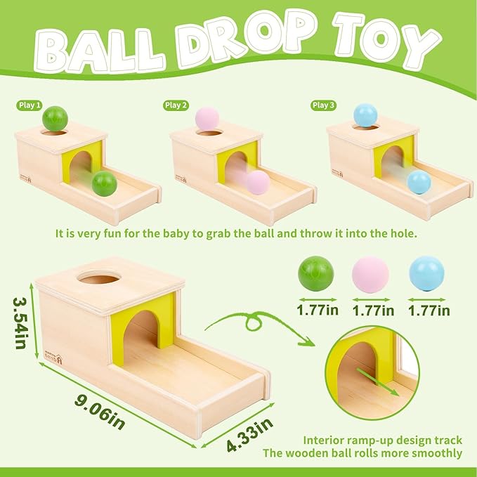 Adena Montessori Object Permanence Box with Tray Three Balls Montessori Toys for 6-12 Months Baby 1 Year Old Infant Toddler (Small Box - Typical)
