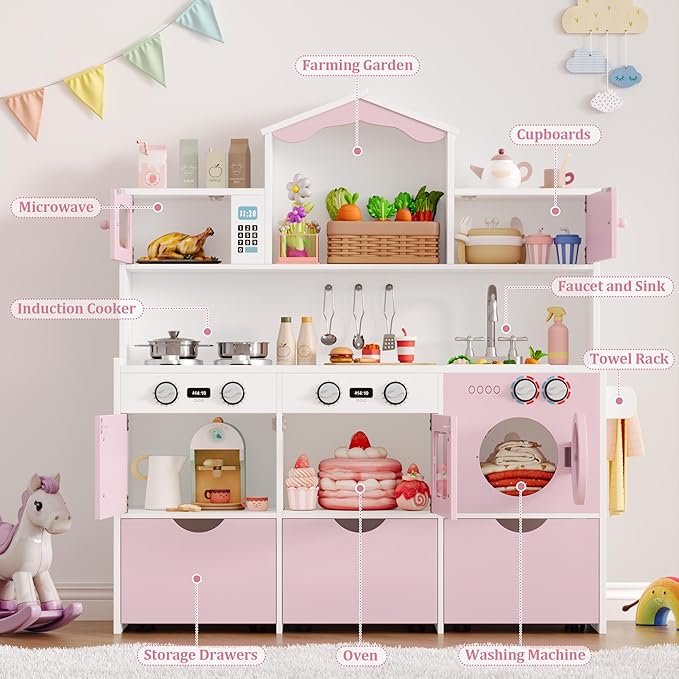 Keyluv Wooden Play Kitchen for Kids and Toddler, Montessori Toy Kitchen Playset with Plenty of Pretend Play Features and Storage Drawers, Gift for Boys and Girls, Pink