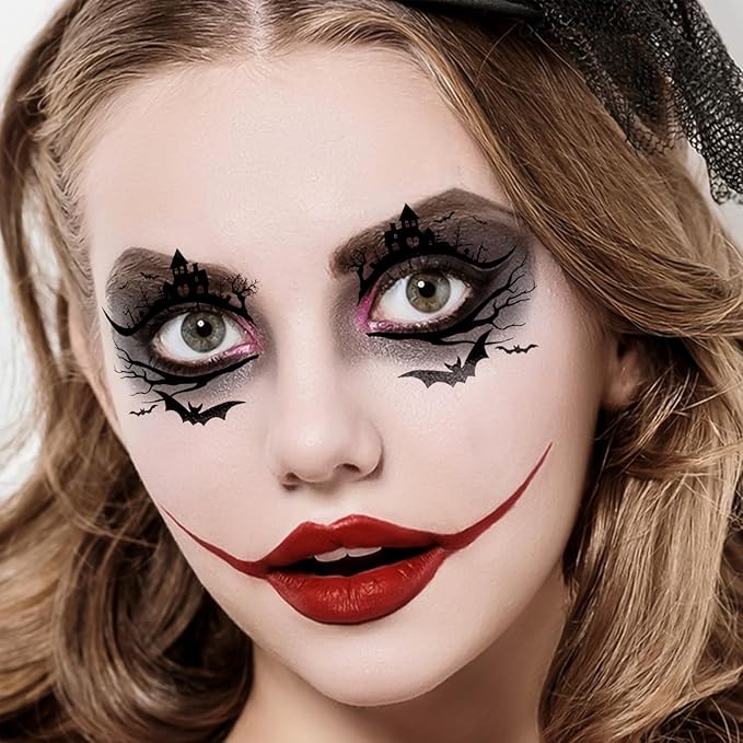 24pcs Halloween Face Temporary Tattoo, Upper & Lower Lash Designs Waterproof Fake Tattoos Stickers with Spooky Motifs for Men & Women Stage & Festive Looks & Cosplay Party Realistic Face Makeup