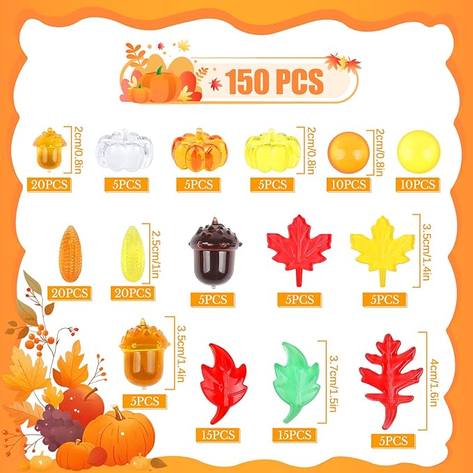 150pcs Fall Vase Filler for Thanksgiving Fall Sensory Bin Filler Acrylic Pumpkin Leaves Gems Corns Gems Acorns for Centerpieces Table Fall Sensory Bin Filler Autumn Thanksgiving Home Decoration