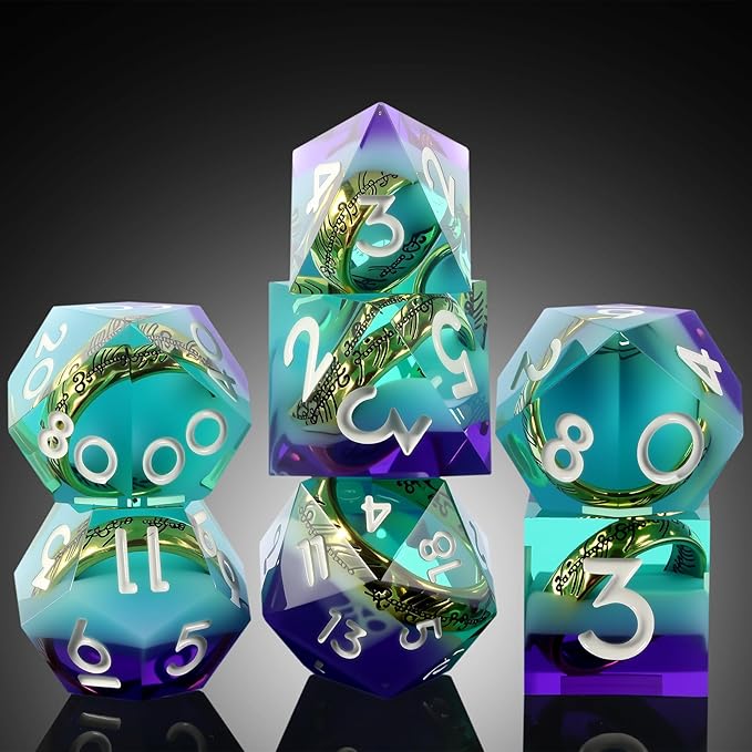 DNDND Mixed Purple & Aqua Blue Dice Set with Golden Rings Inside - 7-Piece Sharp Edge RPG DND Dice in Metal Case, Collector's Gift
