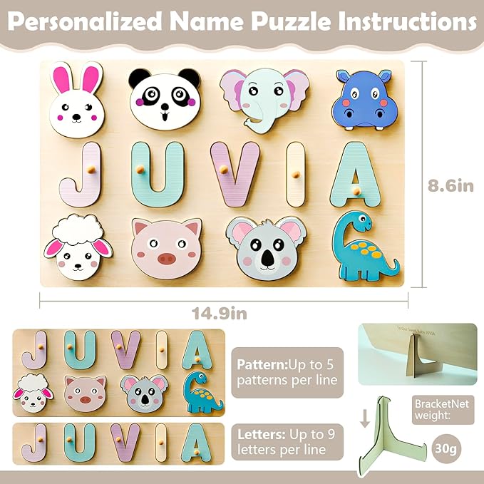 Personalized Name Puzzle for Toddlers - Custom Wooden Jigsaw Puzzles with Animals, Montessori Learning Toys, Baby Birthday Gift for 1, 2, 3 Year Old Boy or Girl (Name Puzzle-03)