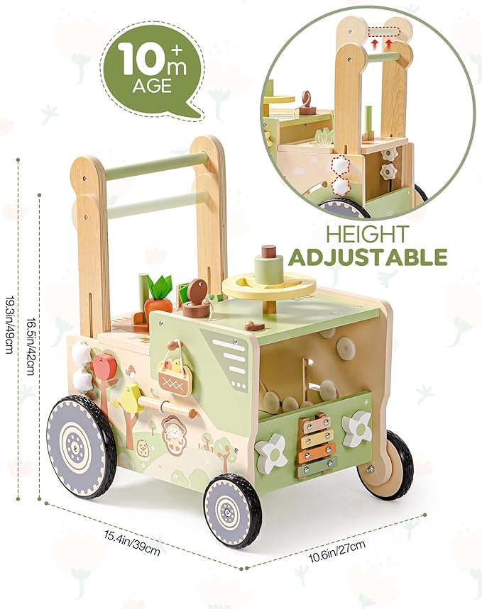 ROBOTIME Wooden Baby Walker Push Toy for Toddlers, Baby Push Walker with Wheels, Farm-Themed Activity Center for Girls & Boys, Adjustable Speed Walker for Baby Learning to Walk