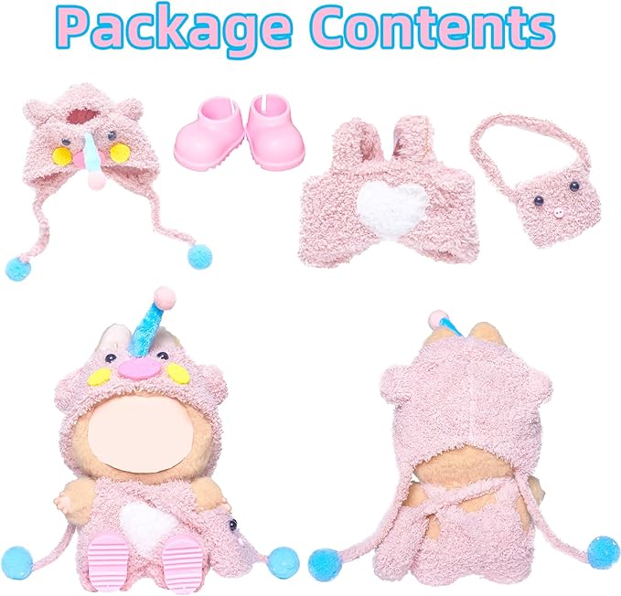 17cm Doll Clothes Set,4-Piece Adorable Outfits for Dolls-Stylish Accessaries Clothes Dress-Up Includes—Pig Hat+Pink Overalls+ Cute Bag+Shoes (Style J)