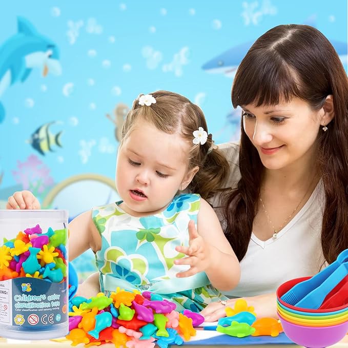 LOKIPA Counting Ocean Animal Toys, Color Sorting Set Ocean Animal Matching Game with Rainbow Sorting Cups Learning Activities Educational Sensory Toys for Toddlers Kids Ages 3 Years and Up