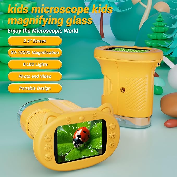 2.4" Screen Pocket Kids Microscope: 1000X Handheld Microscope for Photo and Video - Portable Science Kits STEM Toys – Christmas/Birthday Gifts for Girls & Boys Ages 3-12(Orange)