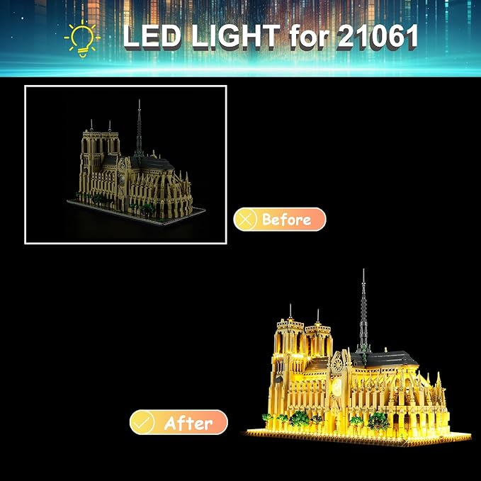 LED Light Kit for Lego 21061 Notre Dame Cathedral Set, Compatible with Lego 21061 Building Blocks Model(Not Include Blocks Set)