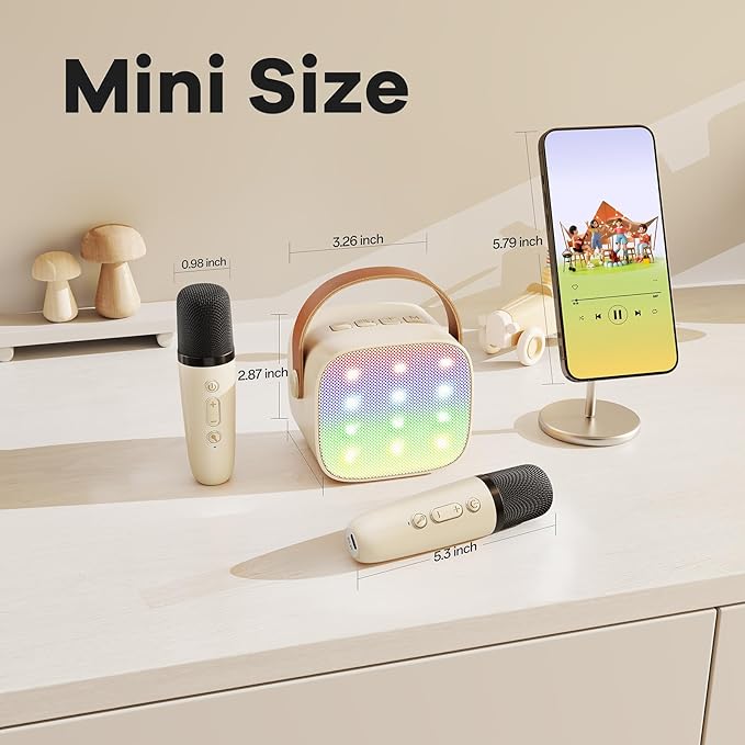 Mini Karaoke Machine with 2 Wireless Microphones for Kids Adults, Portable Bluetooth Speaker Gift for Girls Toys 4, 5, 6, 7, 8, 10, 12+ Years Old Teens Birthday(Beige)